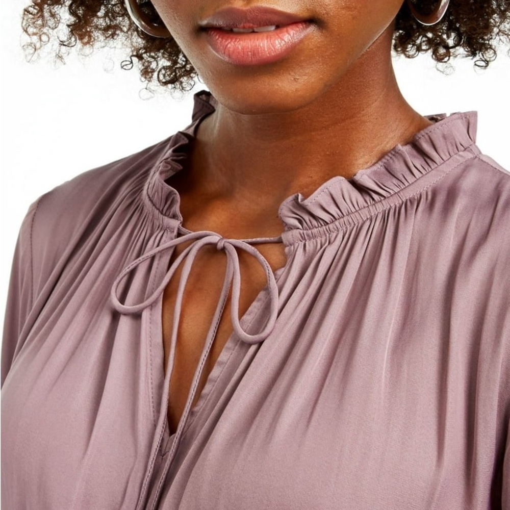 Current Air Smocked Peplum Blouse XS Purple Ruffle Neck Tie Long Sleeve Top - Picture 8 of 8